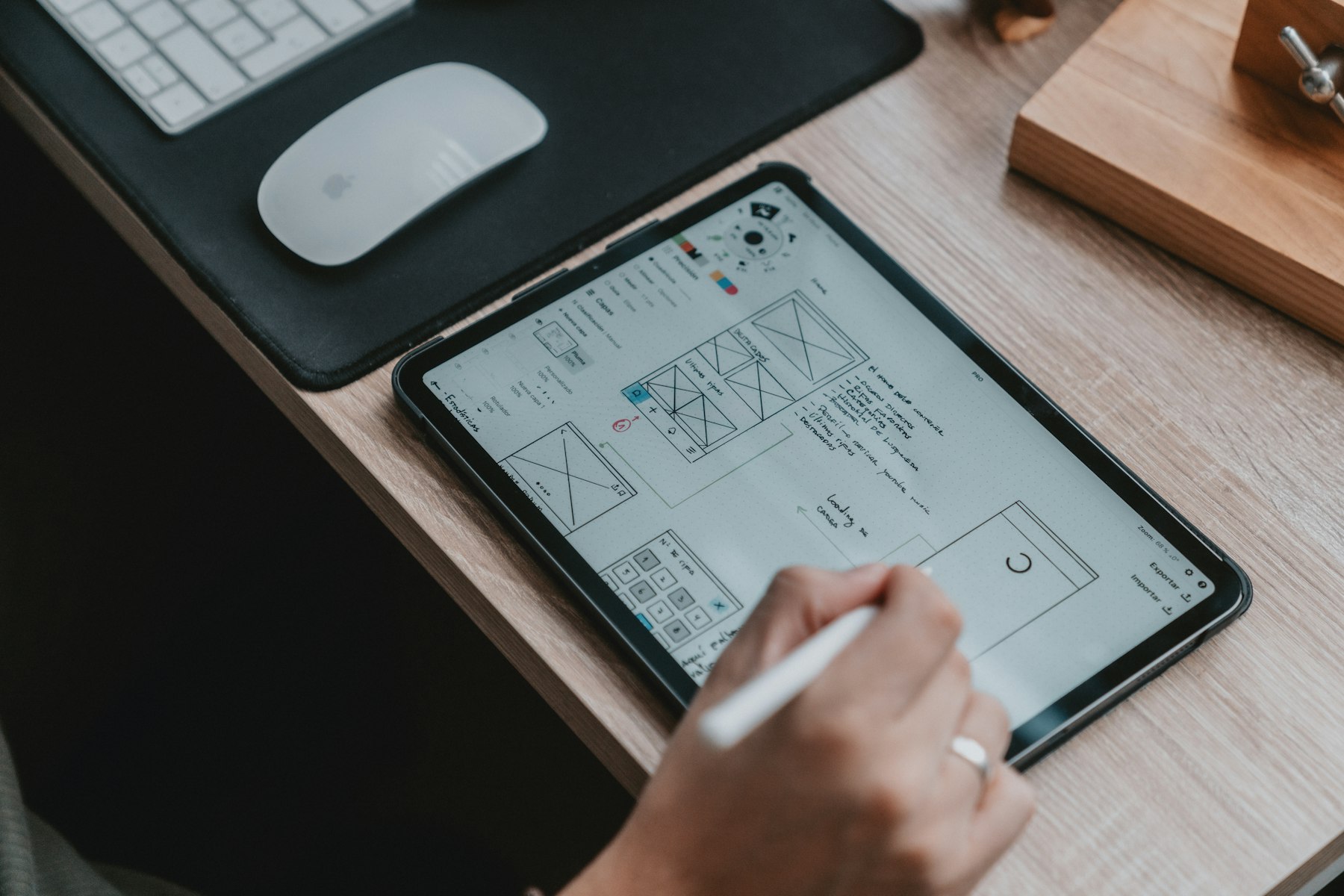 A hand sketching website wireframes on a tablet